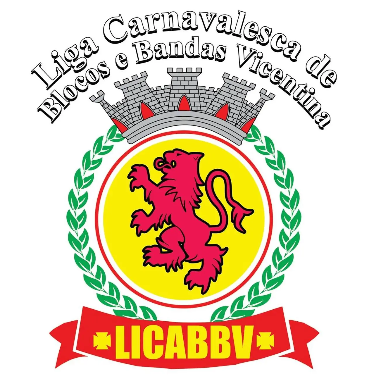 Logotipo da LICABBV com leão vermelho, coroa mural e faixa vermelha com o nome da liga.